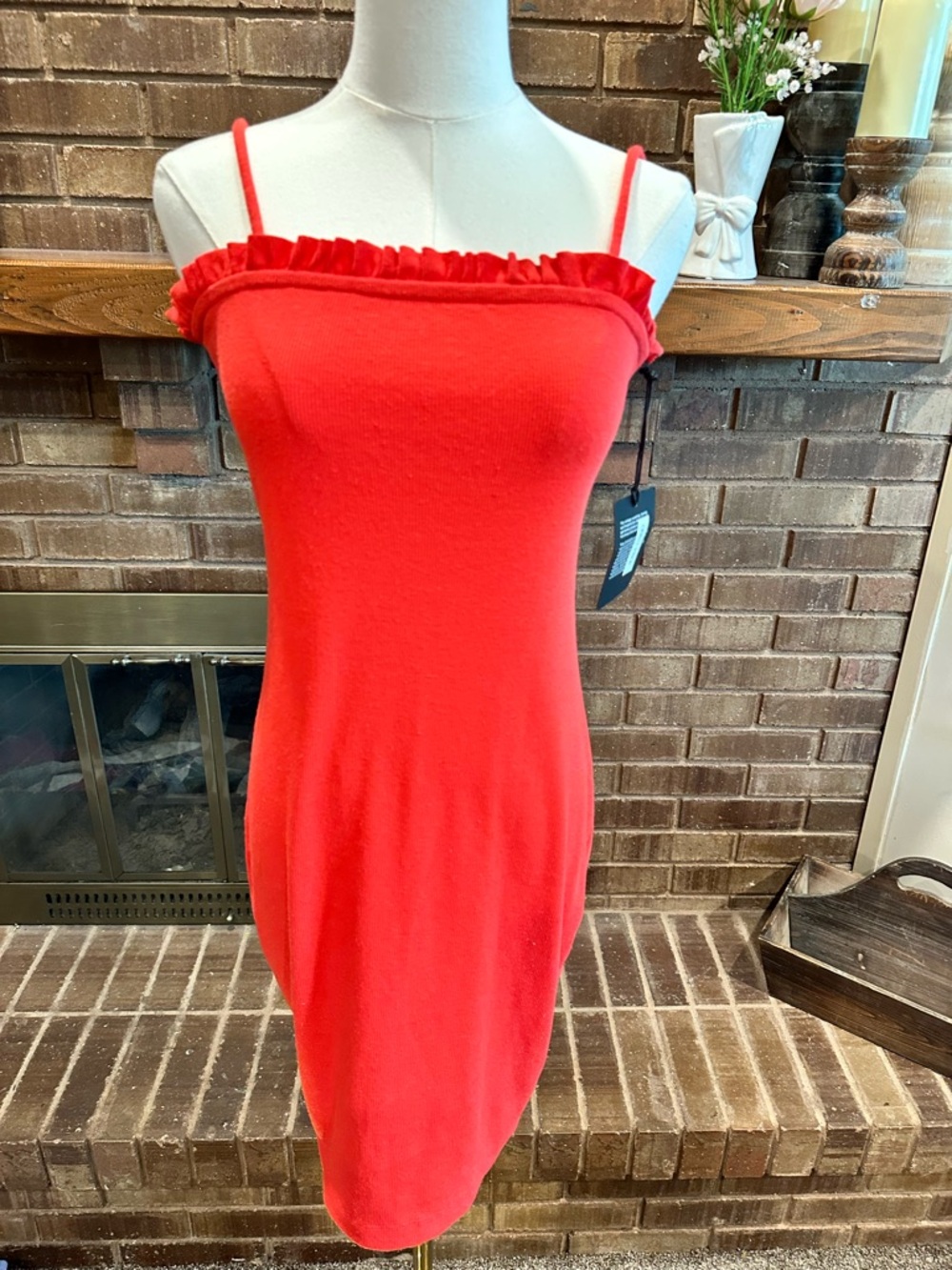 NWT Chaser Red Ribbed Ruffle Trim Cami Bodycon Mini Dress Size S